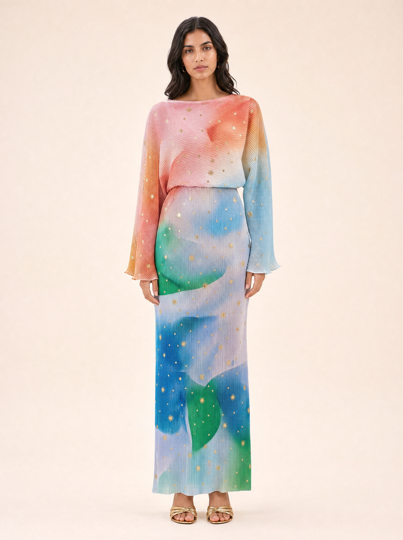 Midi dresses — Abstract print plissé midaxi dress