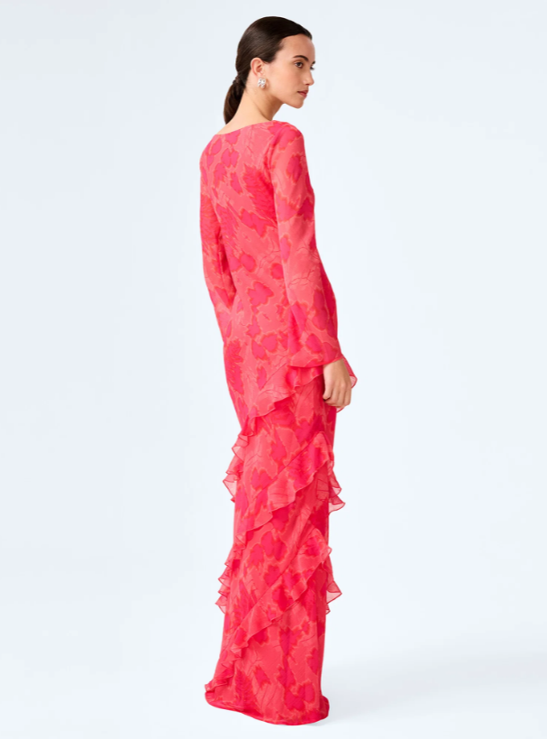 Women's Hot Pink Floral Maxi Dress — Sunset Blur Chiffon