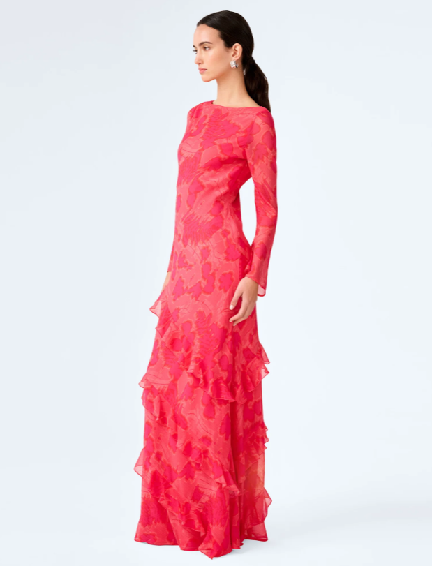 Women's Hot Pink Floral Maxi Dress — Sunset Blur Chiffon