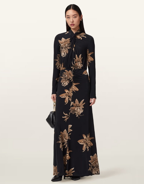 Floral A-Line Maxi Dress — Draped Tie Neck, Fitted Waist