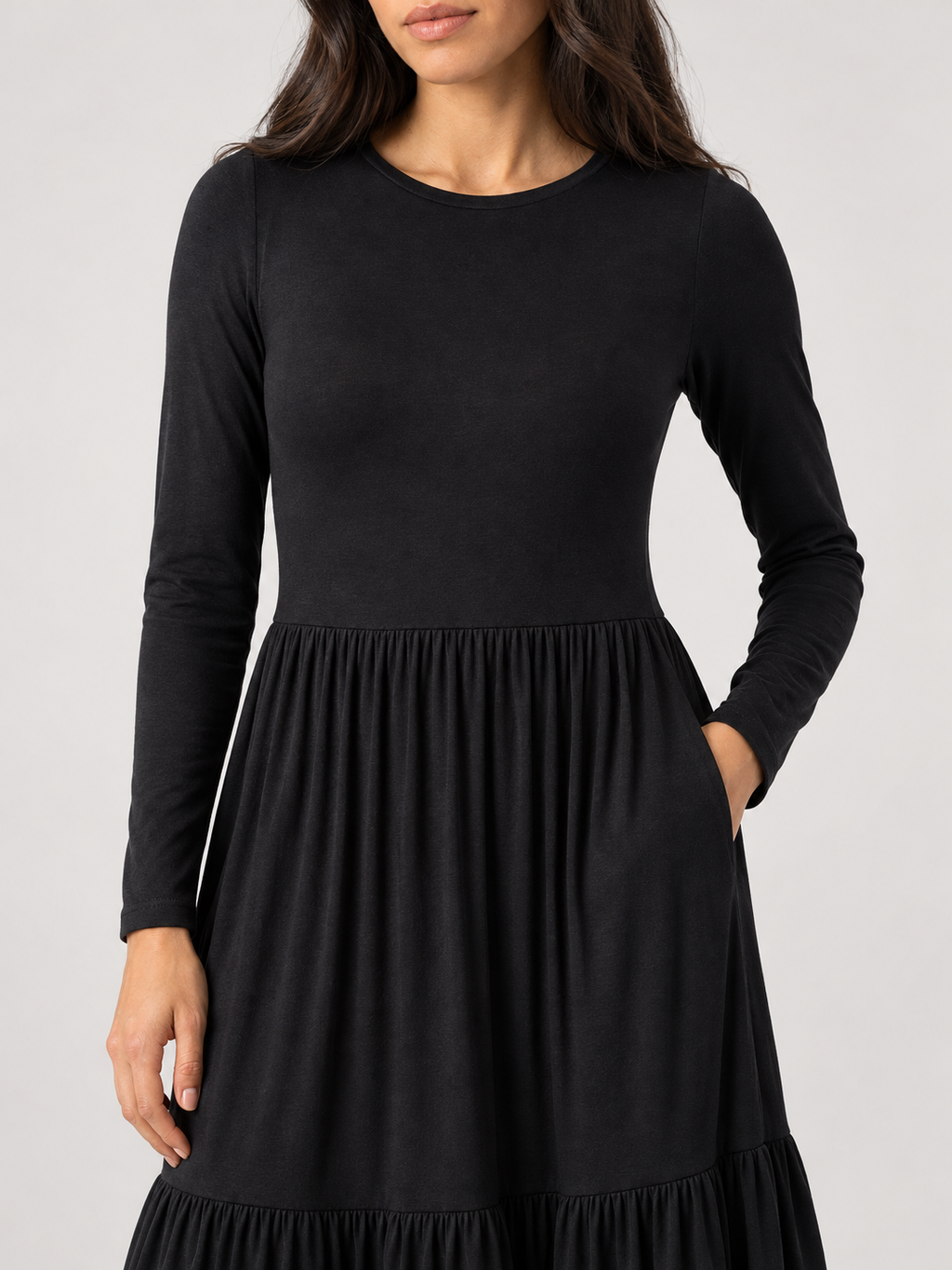 Black long sleeve tiered jersey midi dress — jersey and gathered waist detail