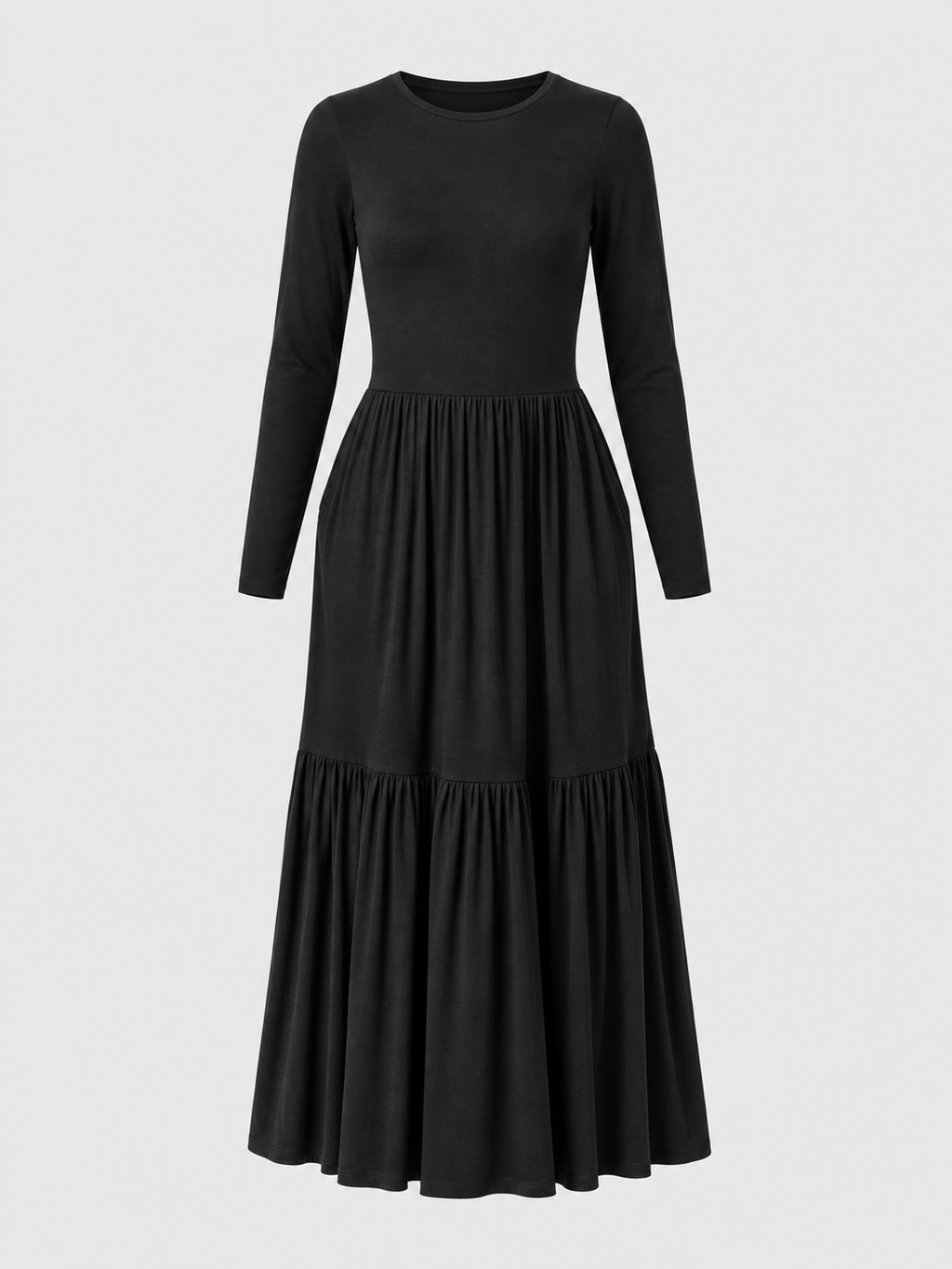 Black long sleeve tiered jersey midi dress — ghost mannequin front