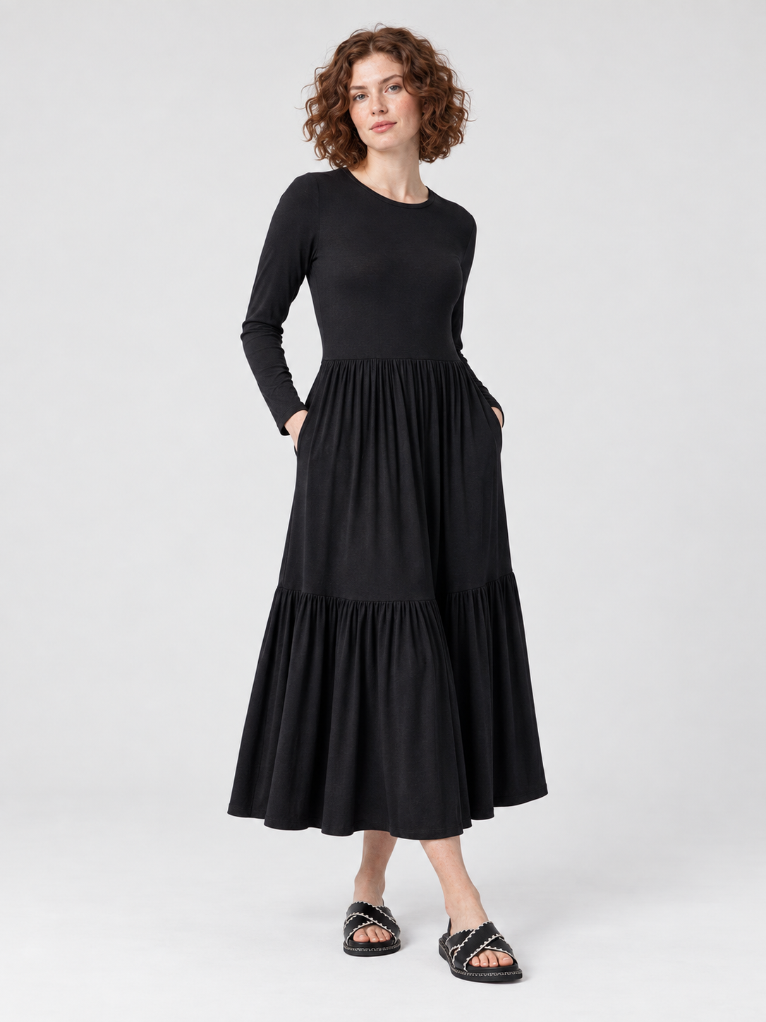 Black long sleeve tiered jersey midi dress — second front view