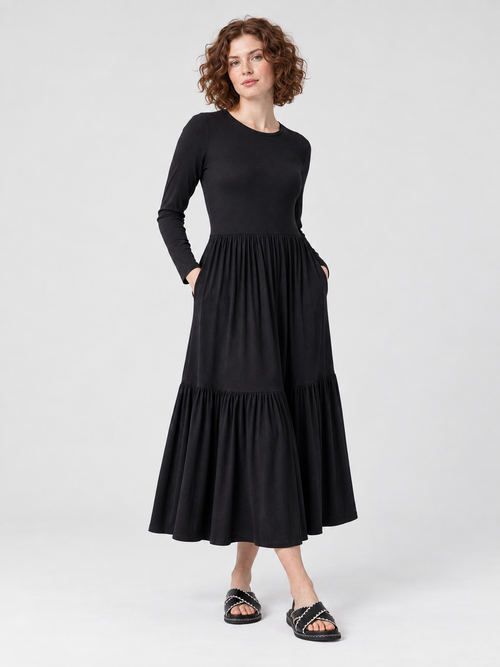 Black long sleeve tiered jersey midi dress — second front view