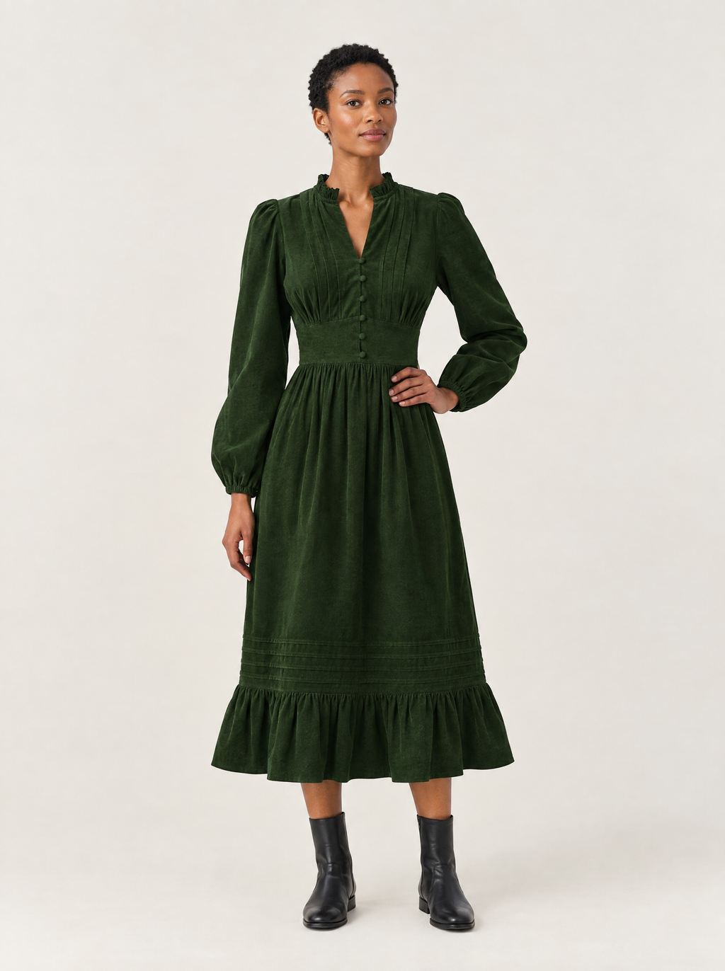 Ondine corduroy midi dress in Bottle Green, front view