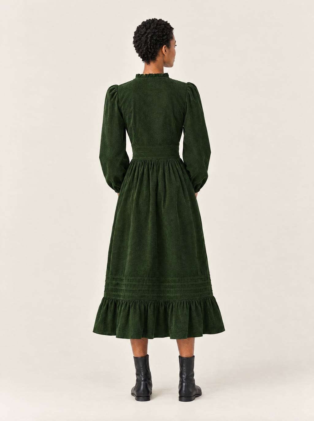 Ondine corduroy midi dress in Bottle Green, back view