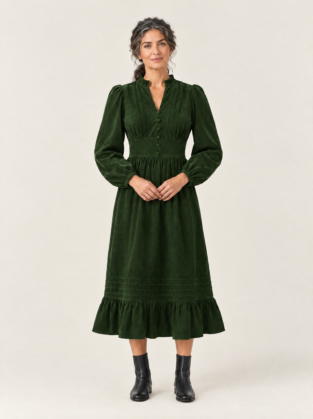 Ondine corduroy midi dress in Bottle Green, second model front view