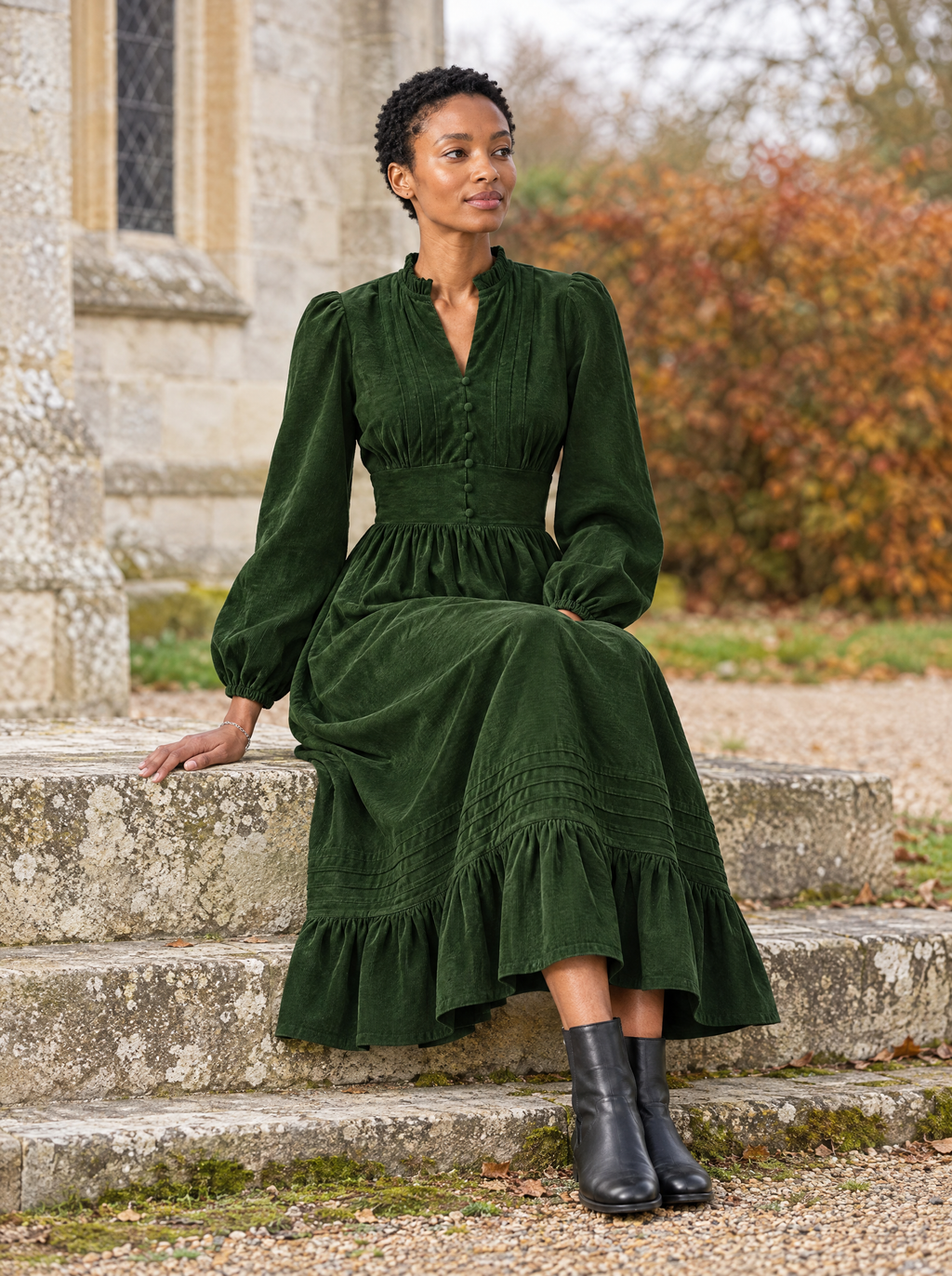 Ondine corduroy midi dress in Bottle Green, lifestyle view