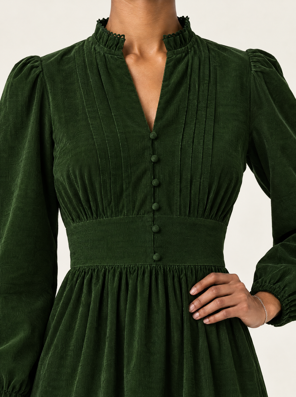 Ondine corduroy midi dress in Bottle Green, detail view