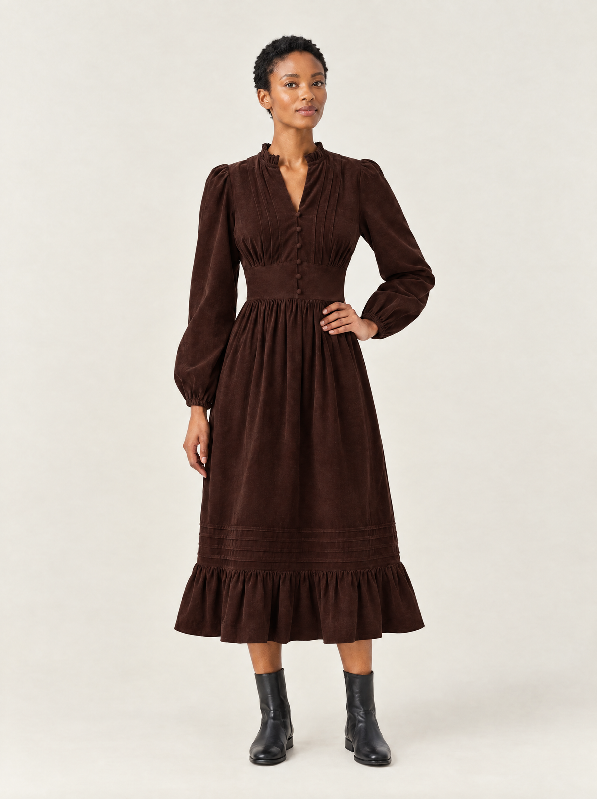 Ondine corduroy midi dress in Chocolate Brown, front view