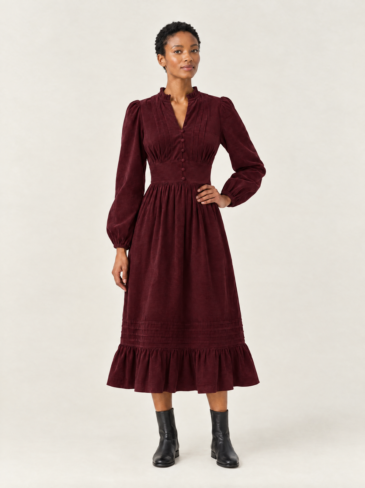 Ondine corduroy midi dress in Burgundy, front view
