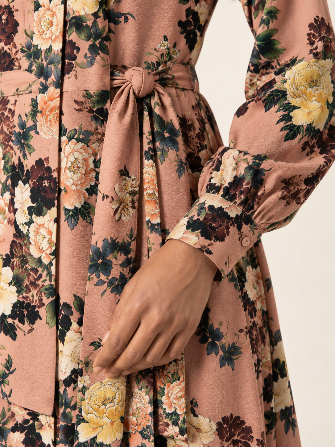 Multicolour floral cotton maxi dress fabric belt and cuff detail