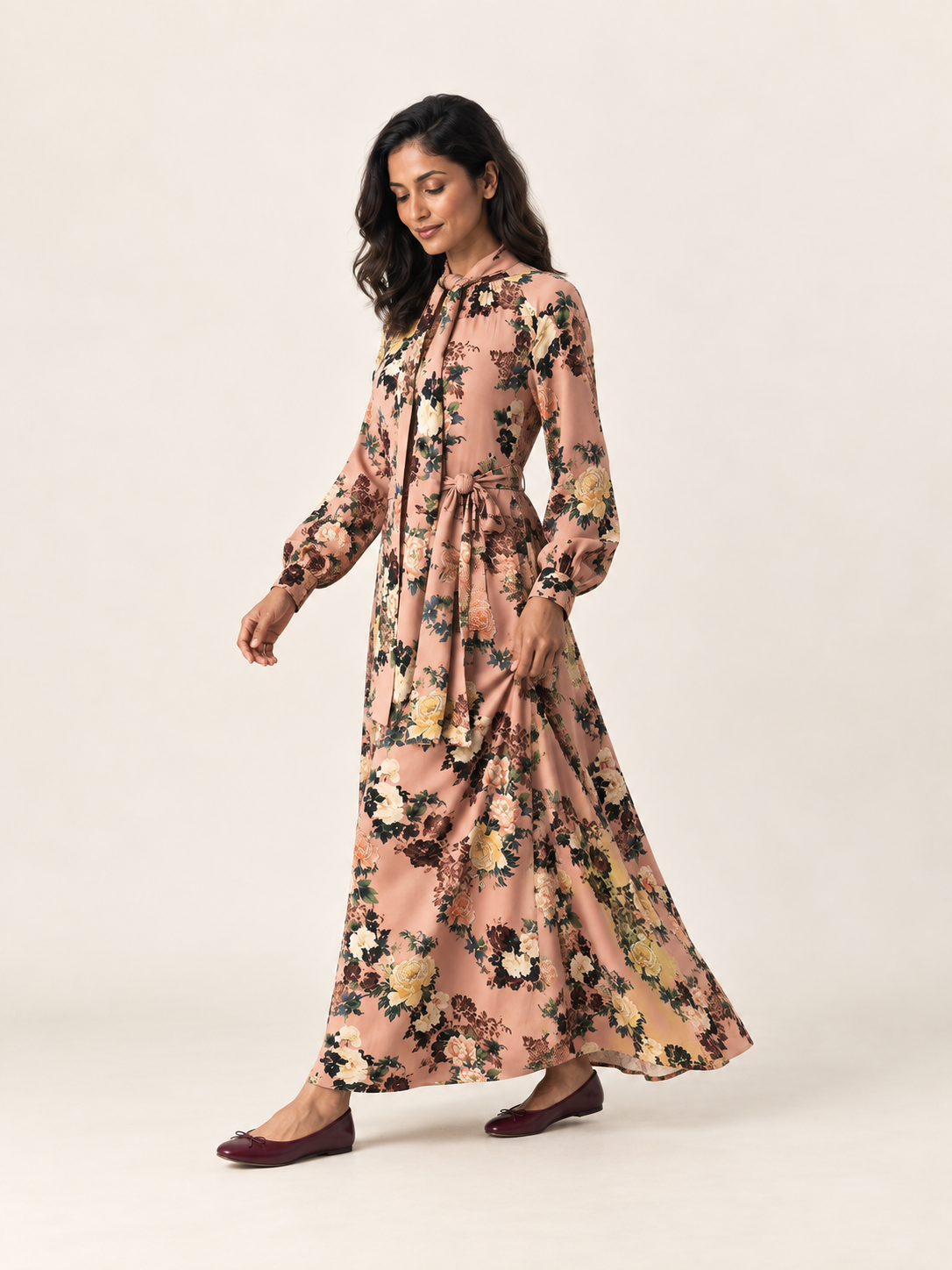 Multicolour floral cotton maxi dress movement view