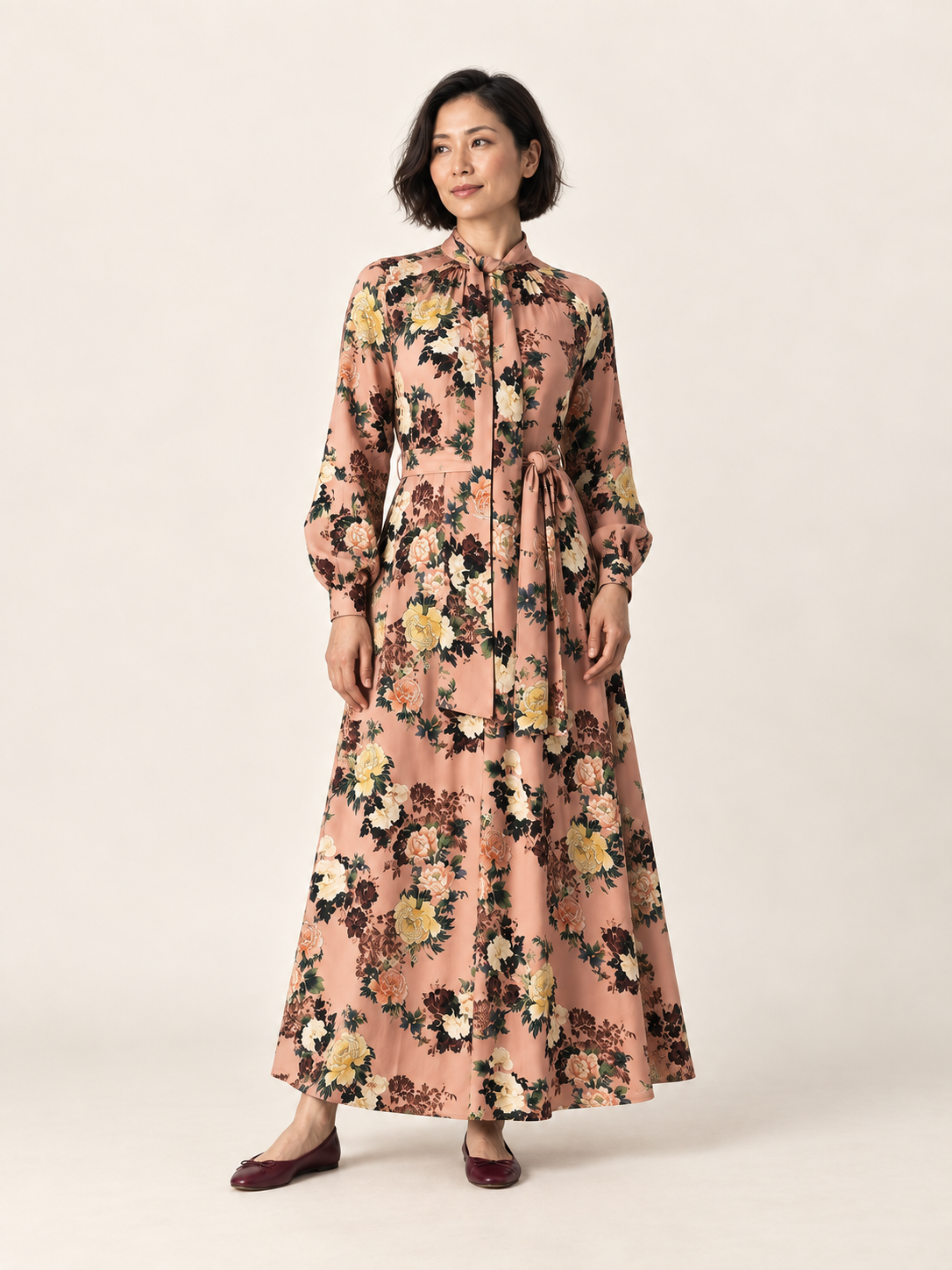 Multicolour floral cotton maxi dress front view on second model