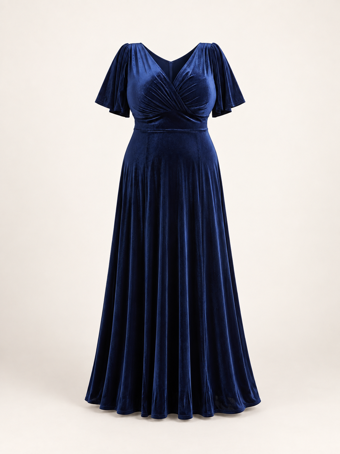 Garment-only front view of navy velvet maxi dress