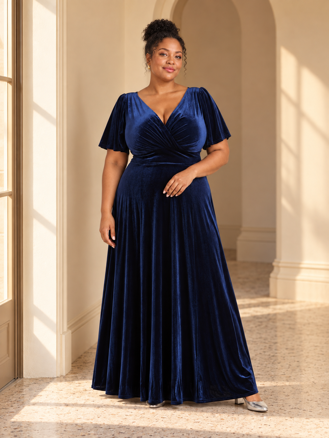 Navy velvet maxi dress in an indoor evening setting