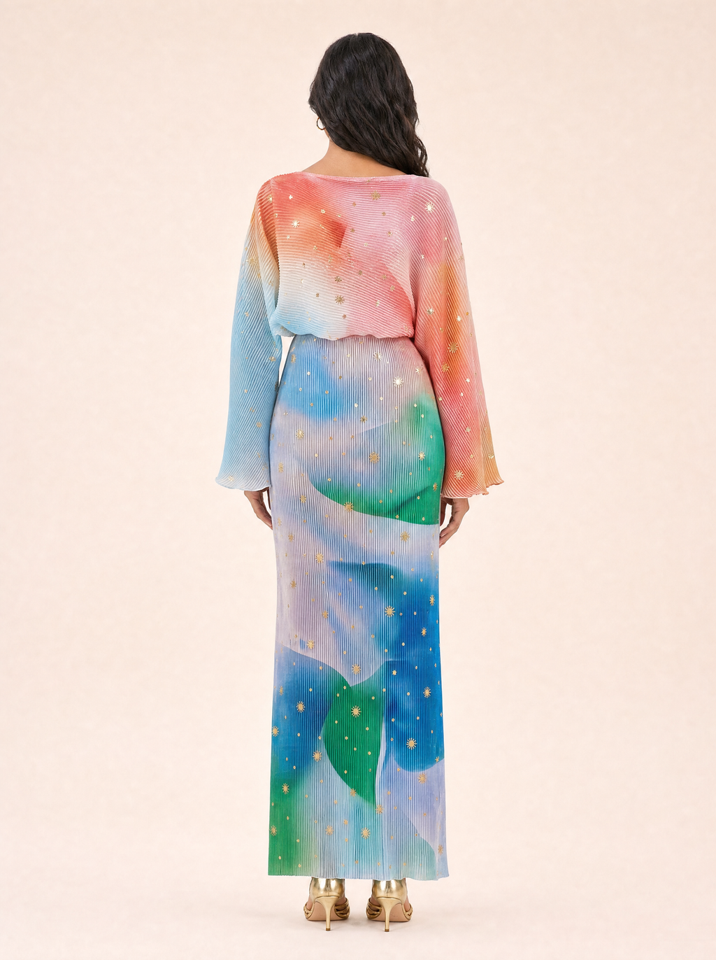 Abstract Print Long Sleeve Midaxi Dress — Plissé Gold Fleck - back view