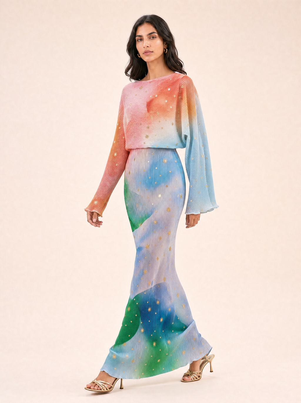 Abstract Print Long Sleeve Midaxi Dress — Plissé Gold Fleck - side view