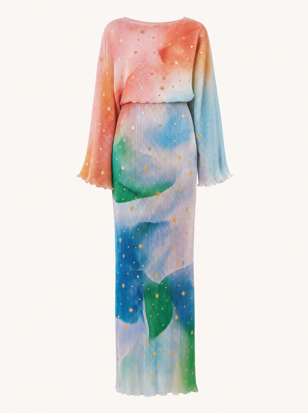 Abstract Print Long Sleeve Midaxi Dress — Plissé Gold Fleck - product flat lay