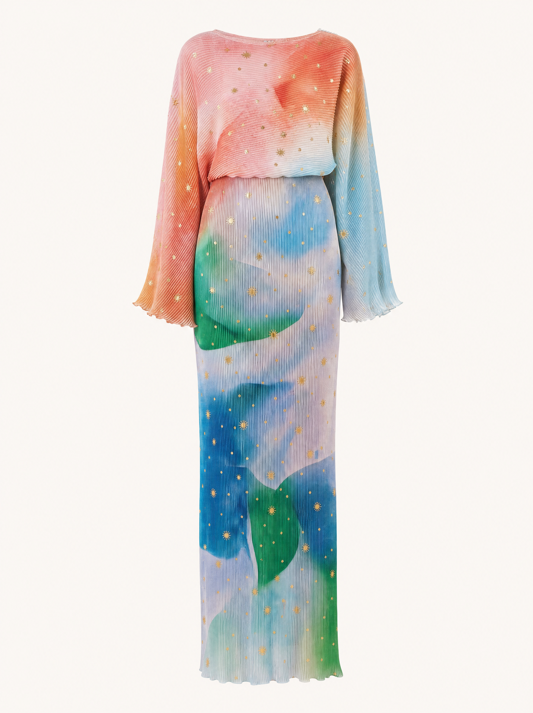 Abstract Print Long Sleeve Midaxi Dress — Plissé Gold Fleck - product flat lay