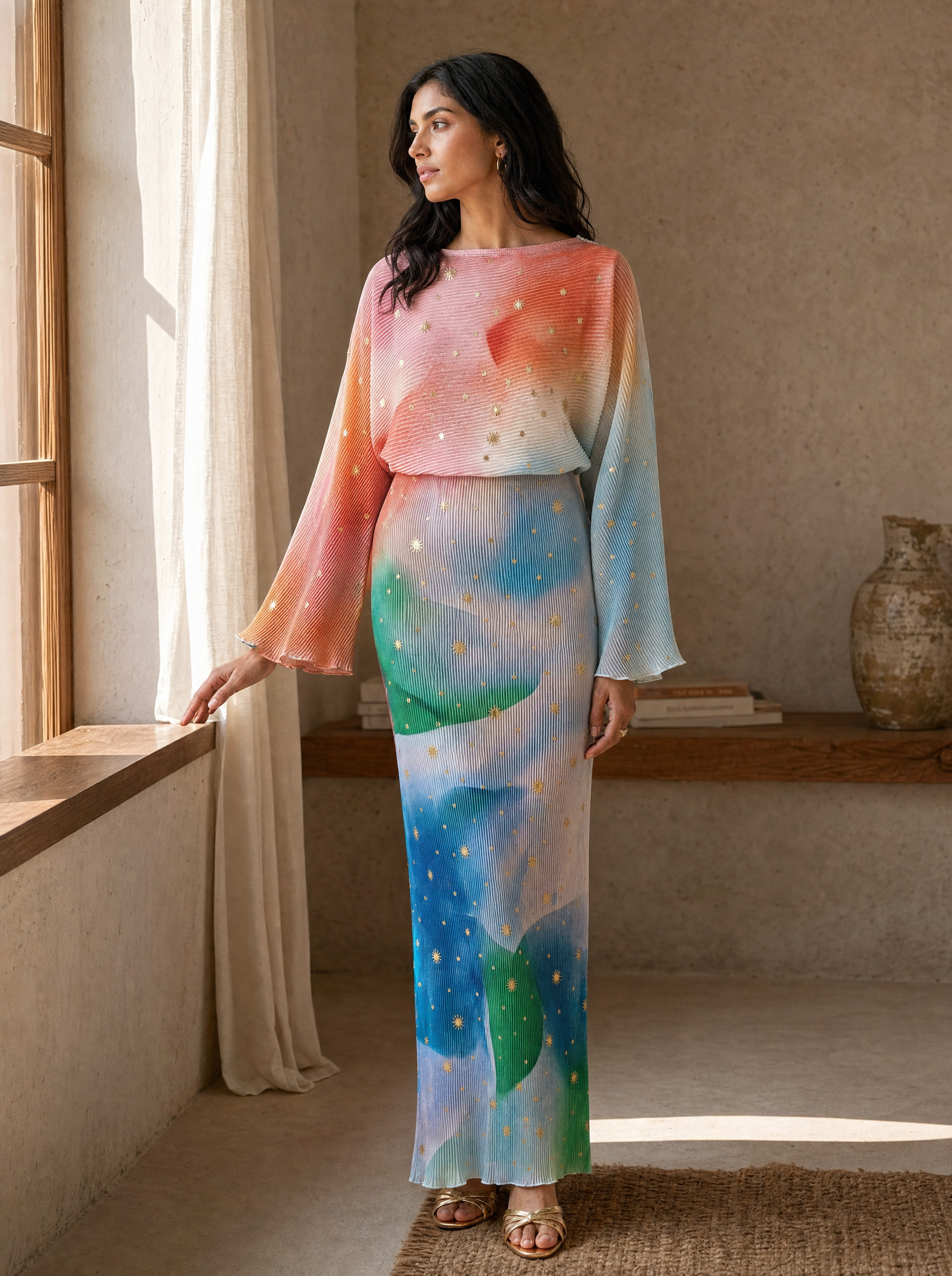 Abstract Print Long Sleeve Midaxi Dress — Plissé Gold Fleck - lifestyle