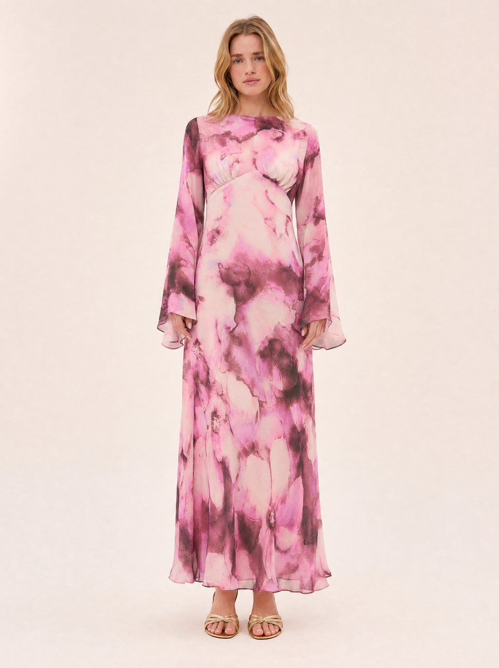 Blossom Pink Floral Maxi Dress — Long Sleeve, Fluted Sleeve - front view on model