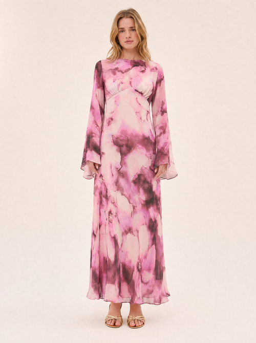Blossom Pink Floral Maxi Dress — Long Sleeve, Fluted Sleeve - front view on model