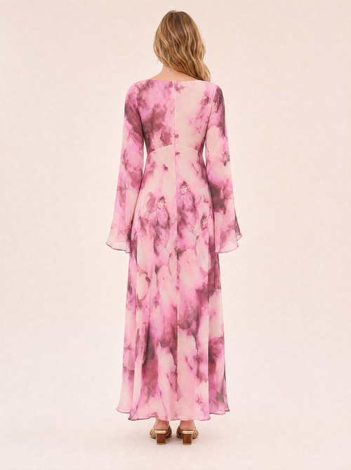 Blossom Pink Floral Maxi Dress — Long Sleeve, Fluted Sleeve - back view