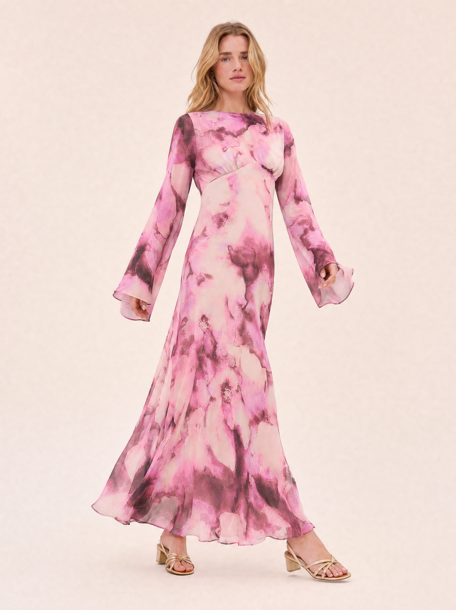 Blossom Pink Floral Maxi Dress — Long Sleeve, Fluted Sleeve - side view