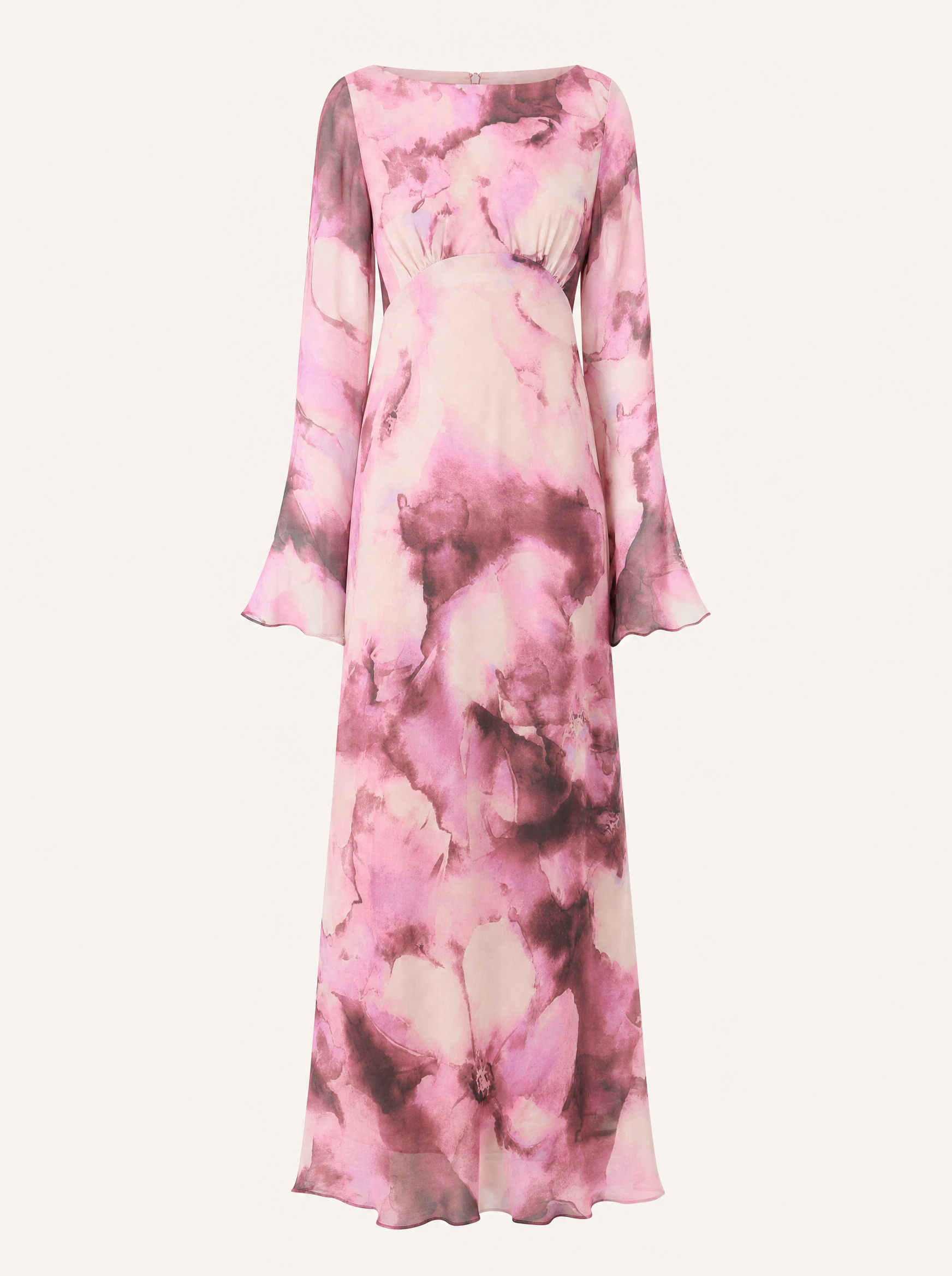 Blossom Pink Floral Maxi Dress — Long Sleeve, Fluted Sleeve - product flat lay