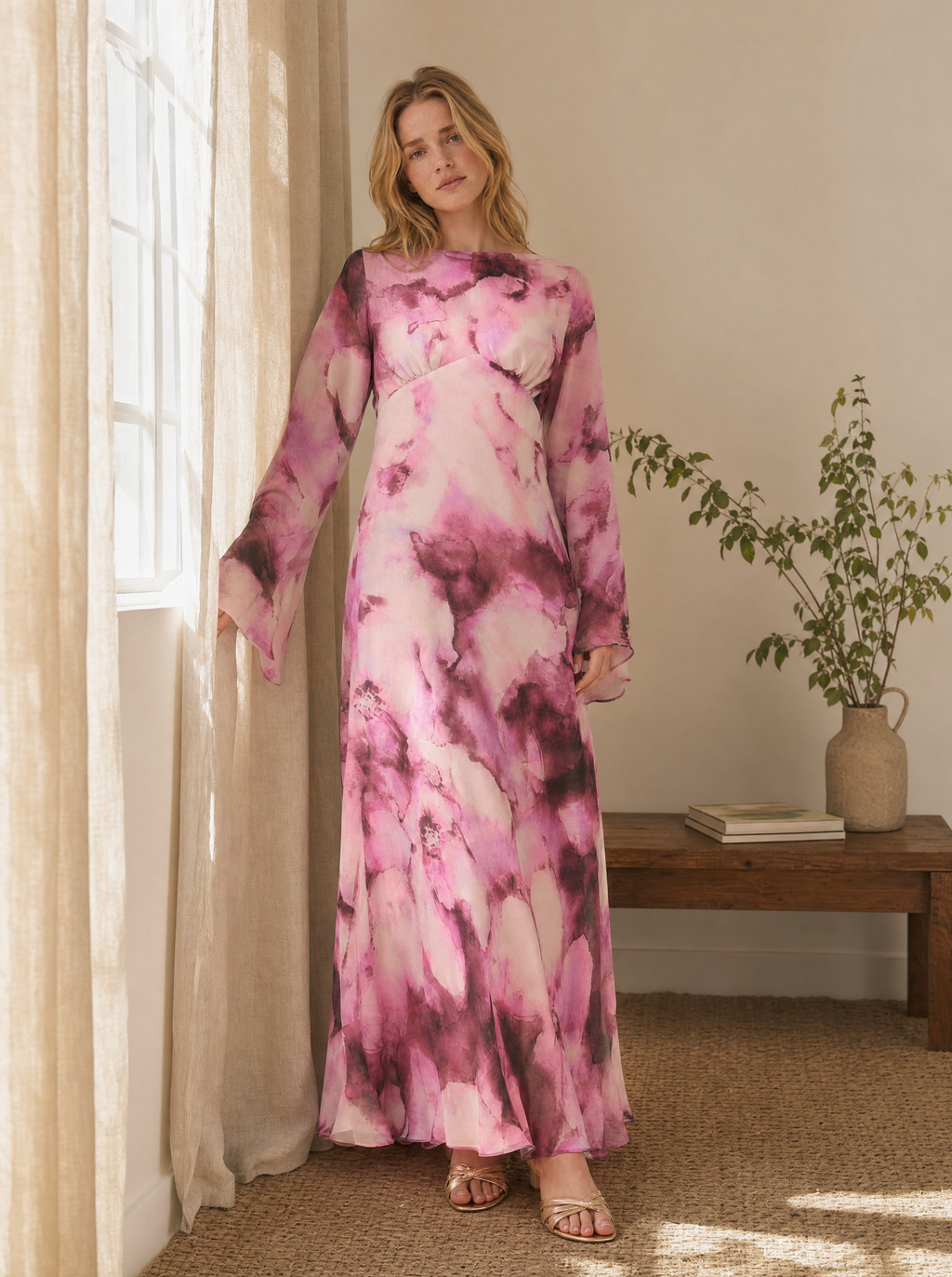 Blossom Pink Floral Maxi Dress — Long Sleeve, Fluted Sleeve - lifestyle