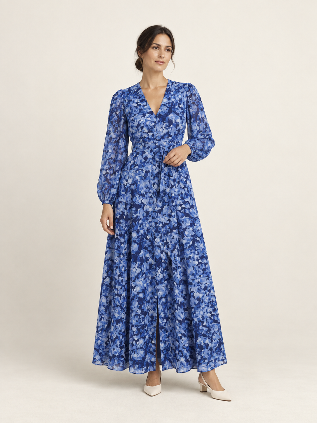 Blue floral long sleeve maxi dress — front view