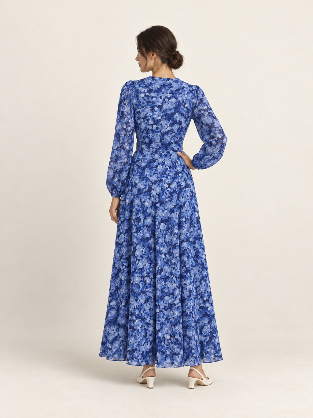 Blue floral long sleeve maxi dress — back