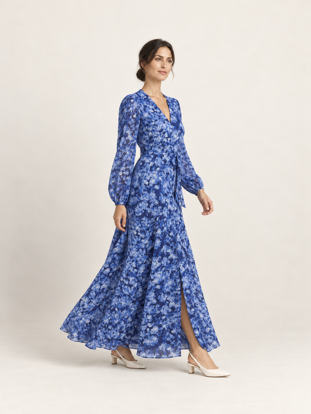 Blue floral long sleeve maxi dress — side-movement
