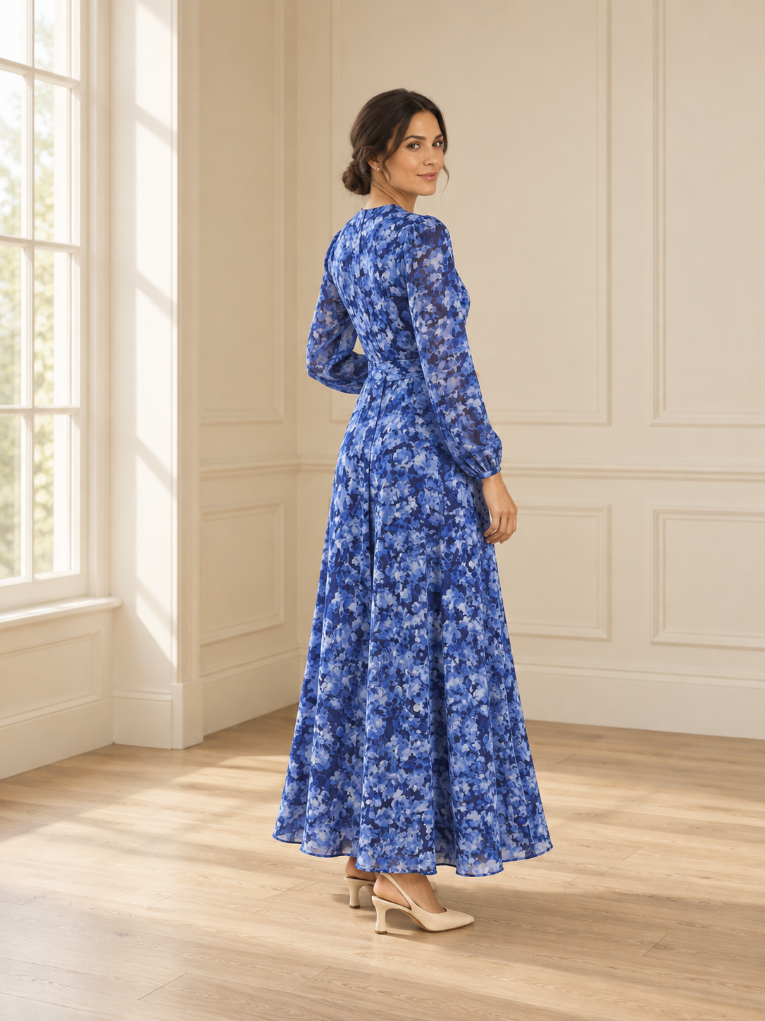 Blue floral long sleeve maxi dress — lifestyle