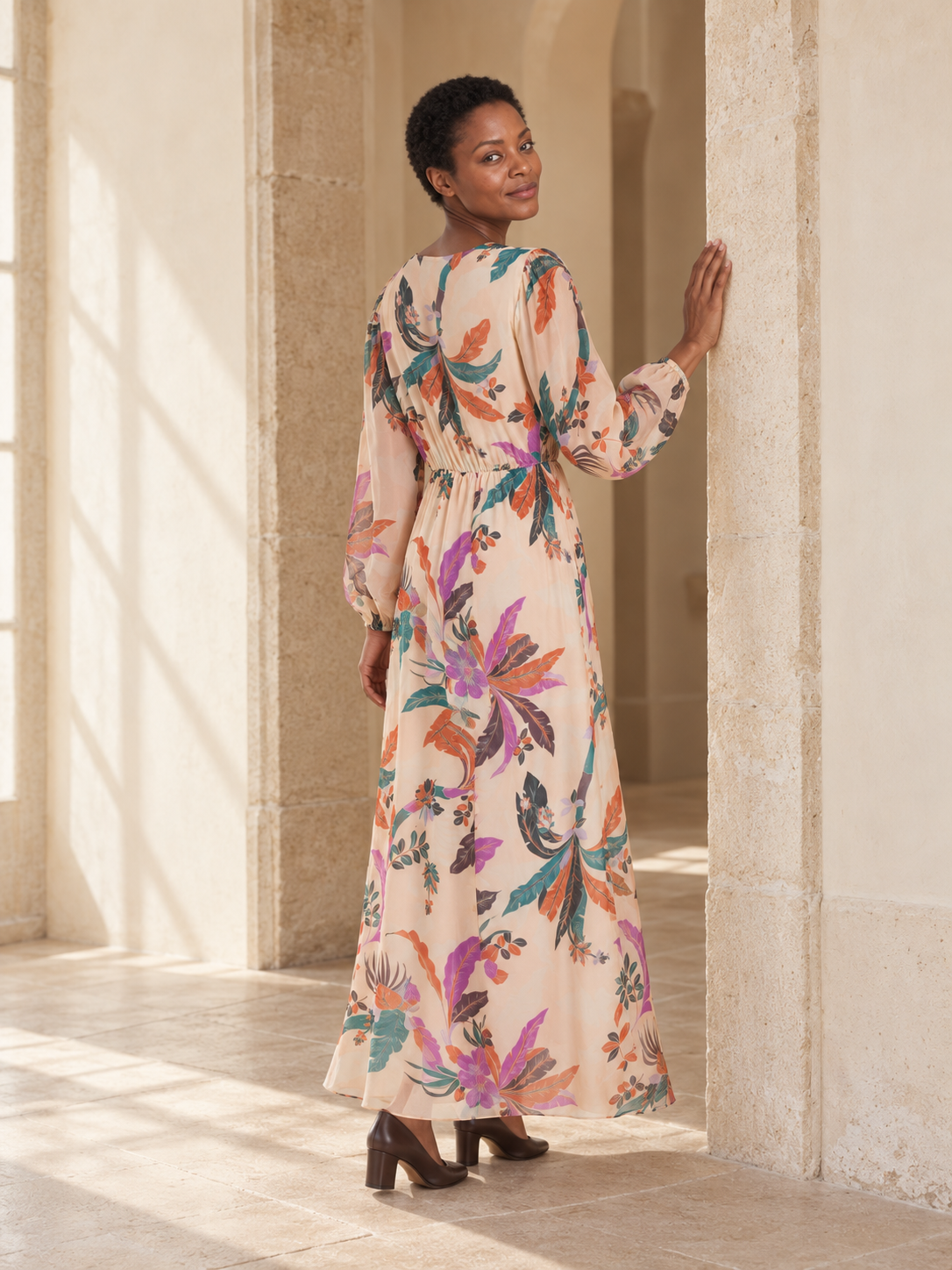 Blush Print viscose silk maxi dress — lifestyle