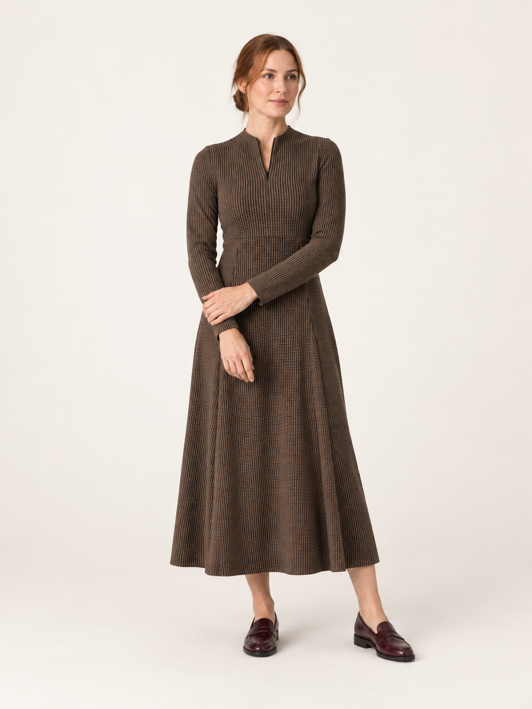 Brown houndstooth zip-neck midi dress, front view