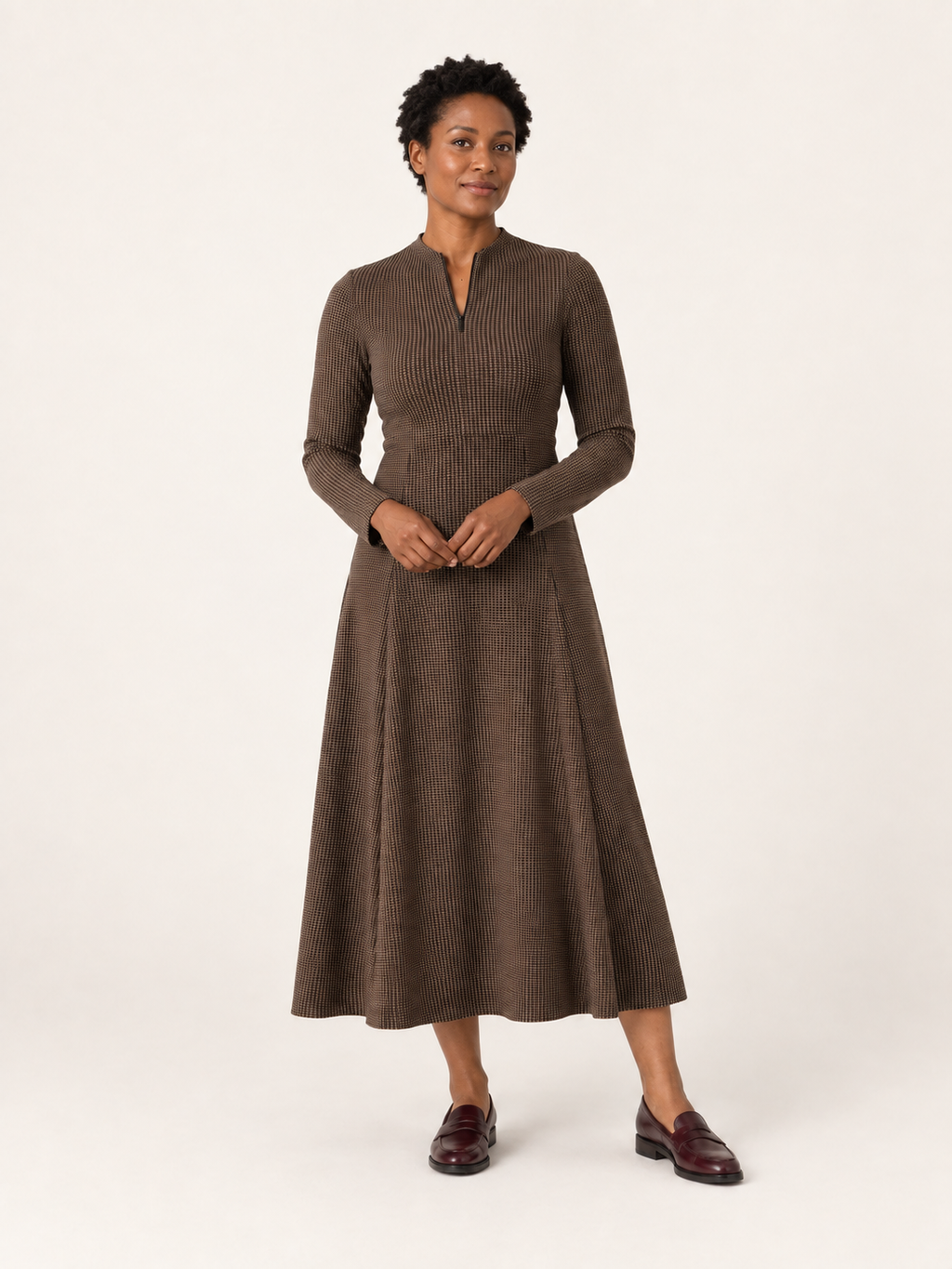 Brown houndstooth zip-neck midi dress, second-model view