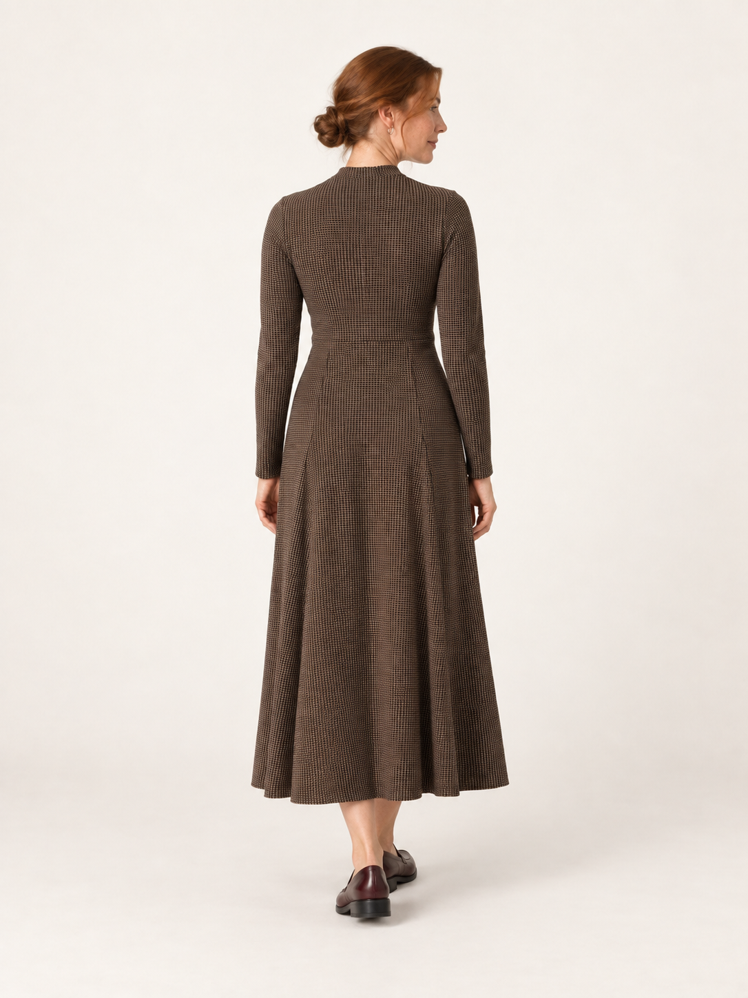 Brown houndstooth zip-neck midi dress, back view