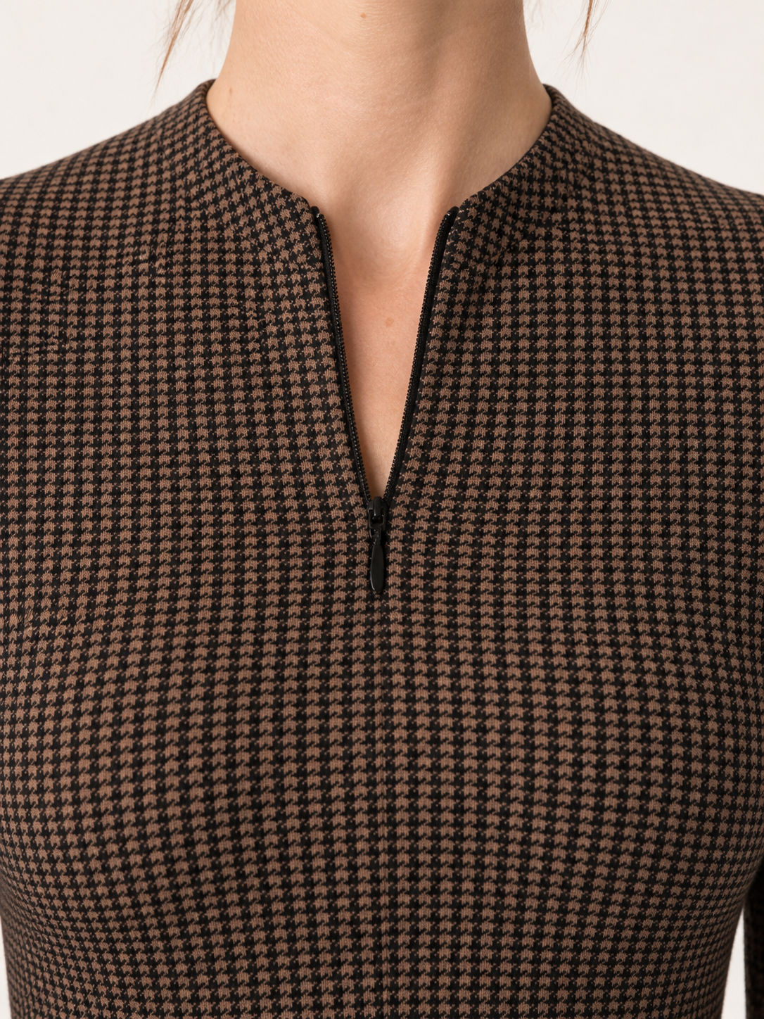 Brown houndstooth zip-neck midi dress, detail view