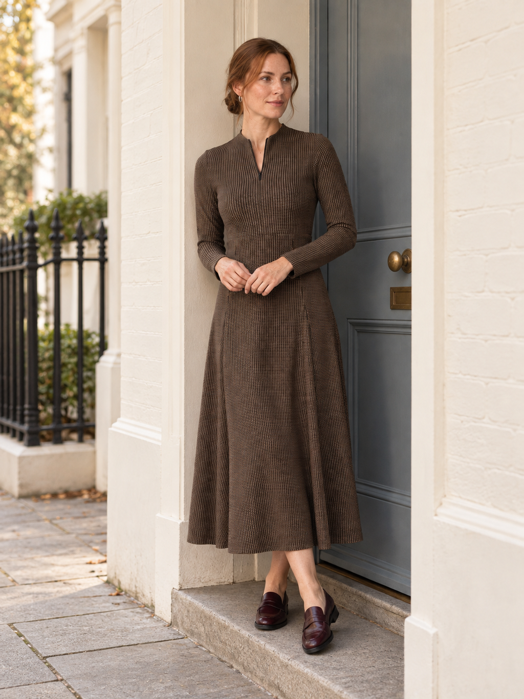Brown houndstooth zip-neck midi dress, lifestyle view