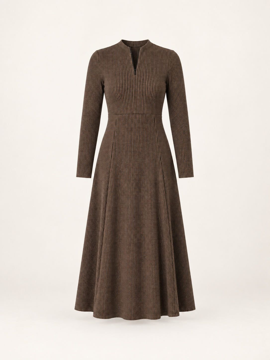 Brown houndstooth zip-neck midi dress, garment-only front view