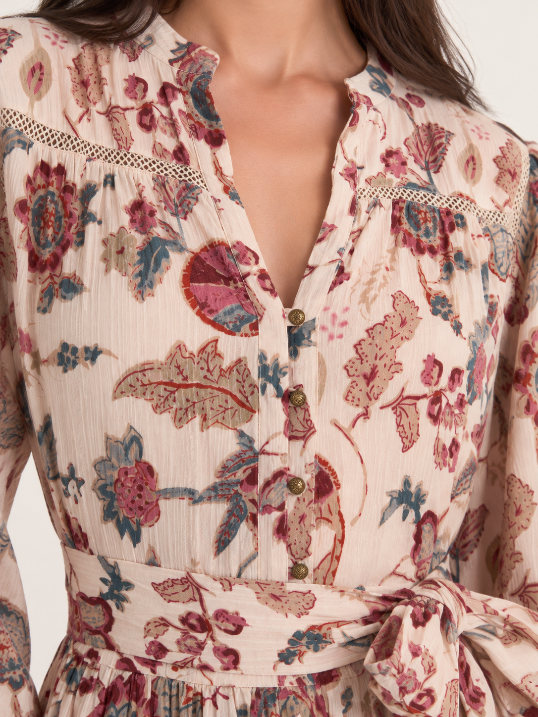 Cream floral button-through dress, detail view