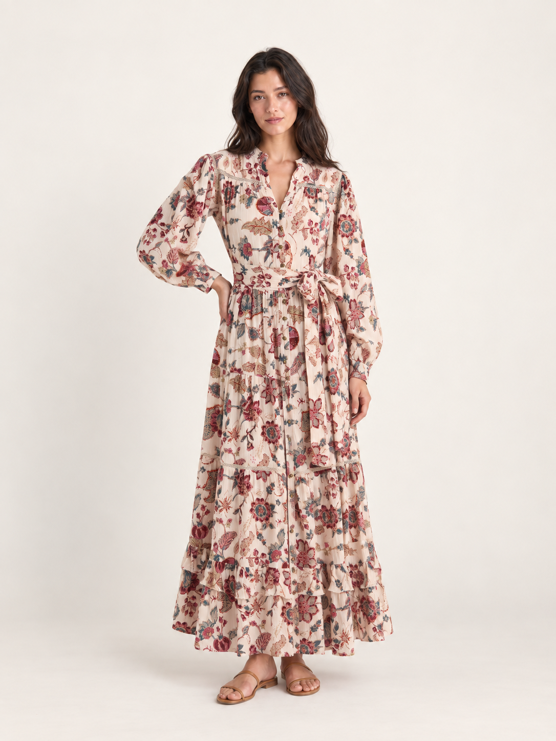 Cream floral button-through dress, front view