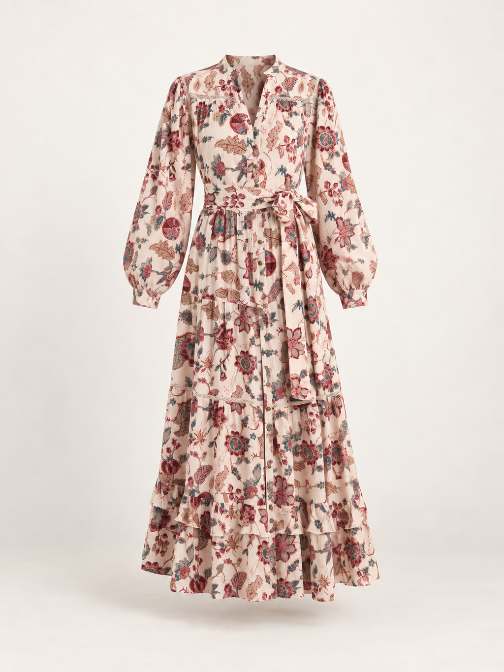 Cream floral button-through dress, ghost-flat view