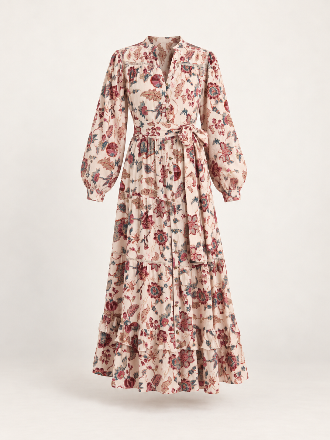 Cream floral button-through dress, ghost-flat view