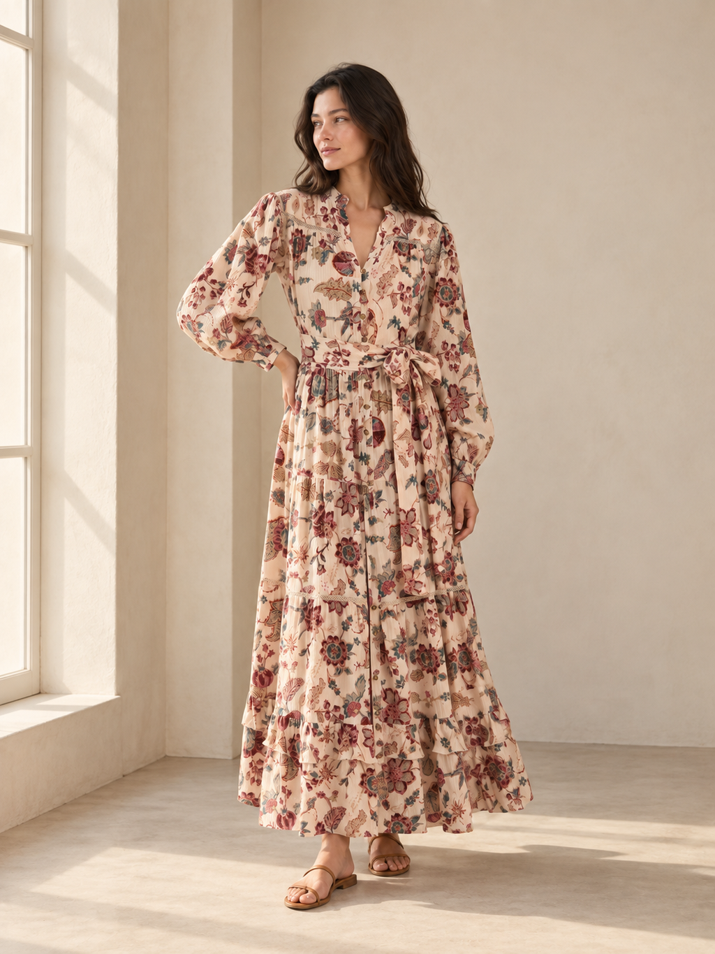 Cream floral button-through dress, lifestyle view
