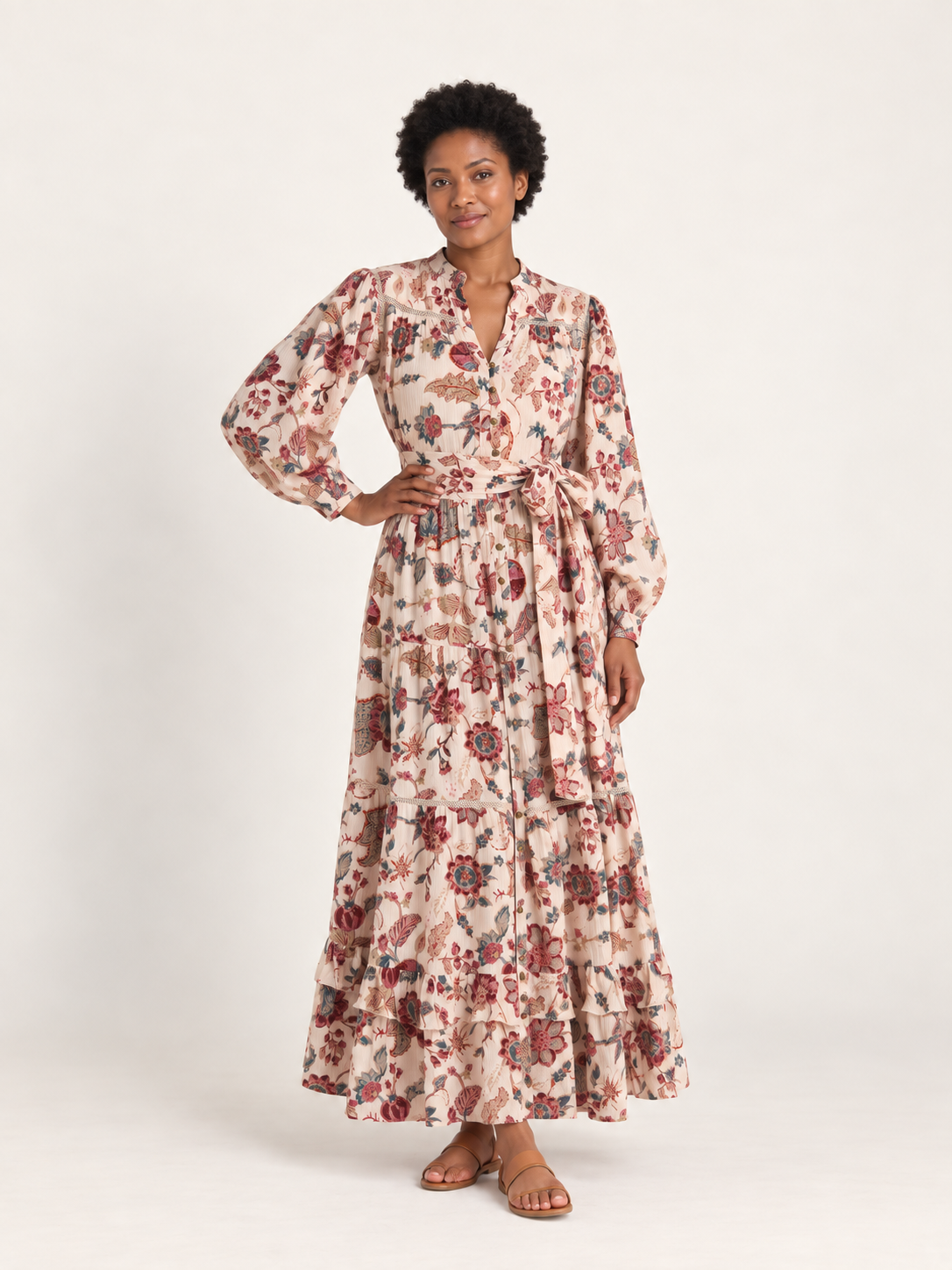 Cream floral button-through dress, second-model view