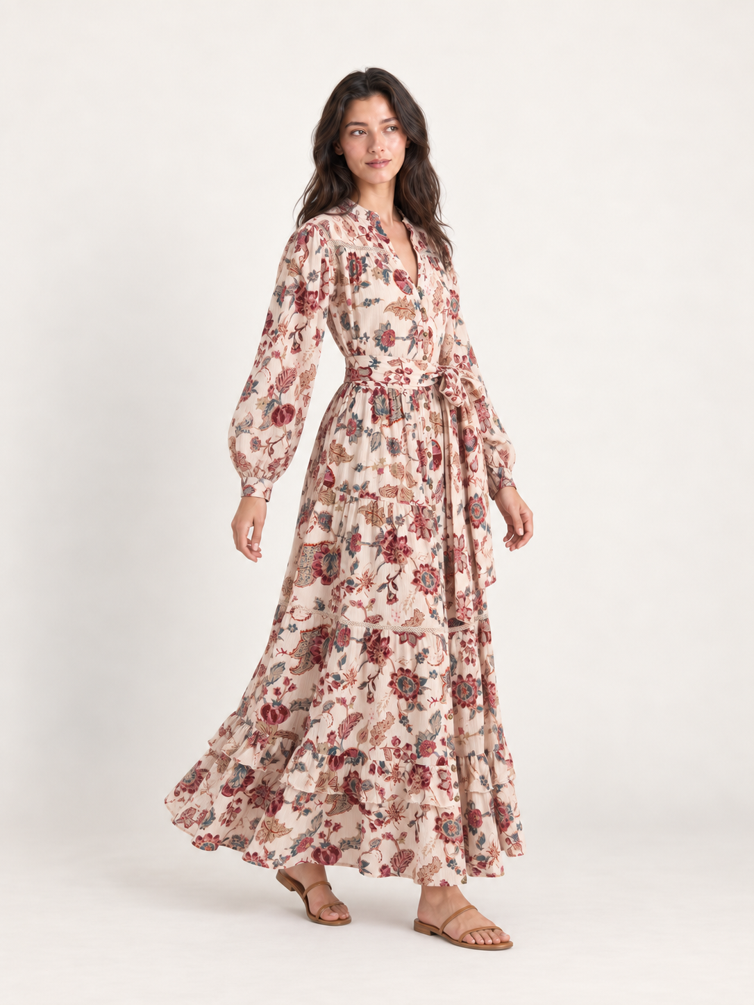 Cream floral button-through dress, side-movement view