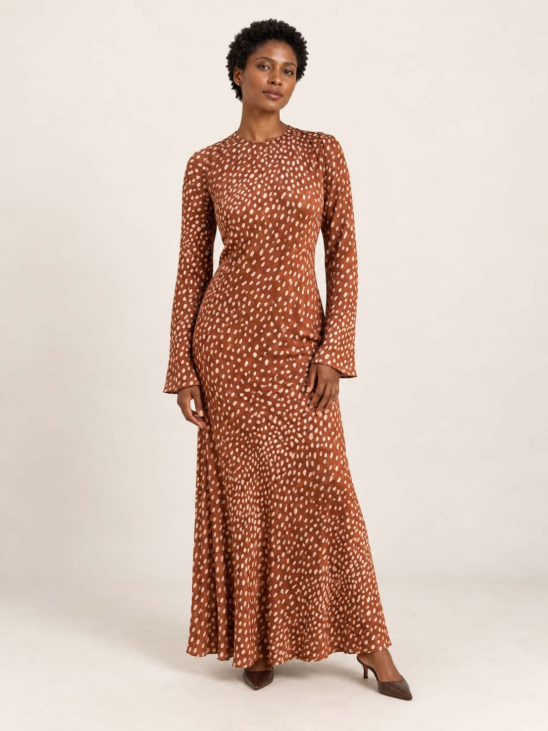 Brown Deer-Print Viscose Maxi Occasion Dress — front